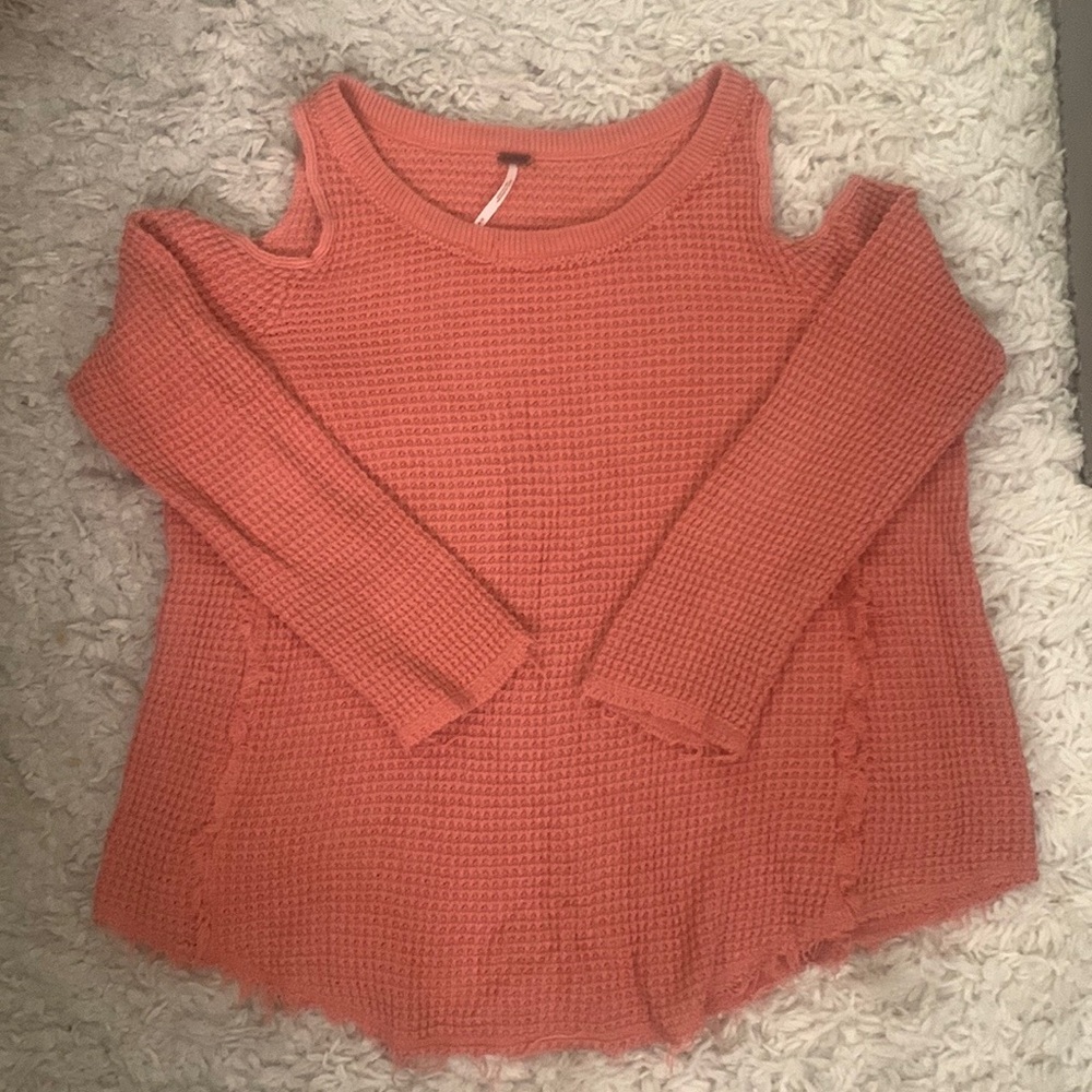 Free People Peach Waffle Knit Cold Shoulder Fringe Sweater